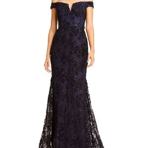 Off-the-Shoulder Embellished Lace Gown